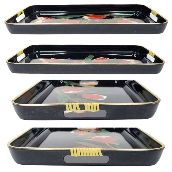Vintage Serving Trays Wrapped Handles Iris Barware Lacquer Black Gold Japan - Picture 8 of 12